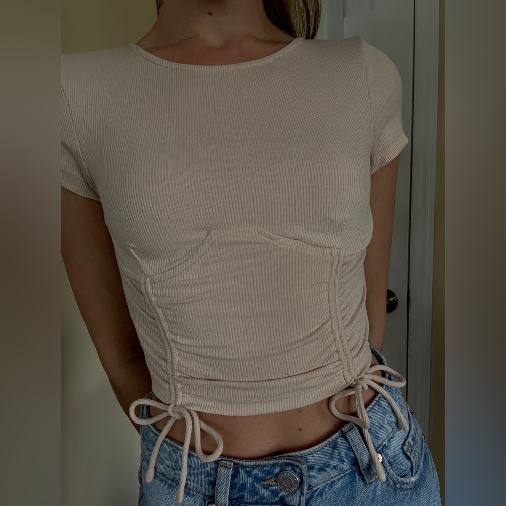 Princess Polly Cream Ribbed Short Sleeve Top